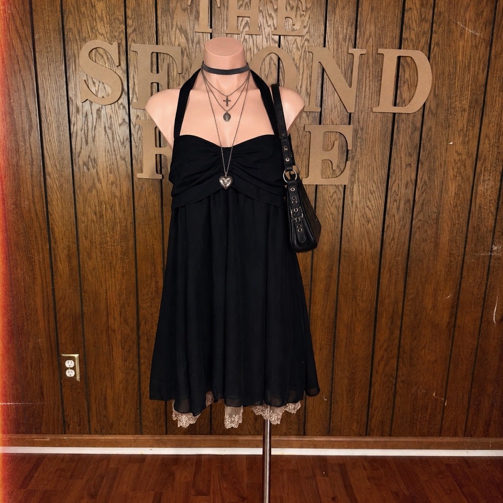 Y2K Black Halter Babydoll Dress Johnny Martin Women 11 Lace Trim Dark Coquette